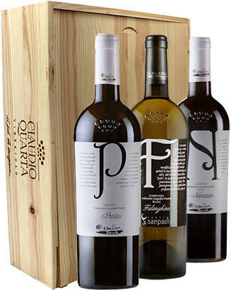 Celebration Falanghina, Celebration Negroamaro i Celebration Primitivo w drewnianej skrzynce